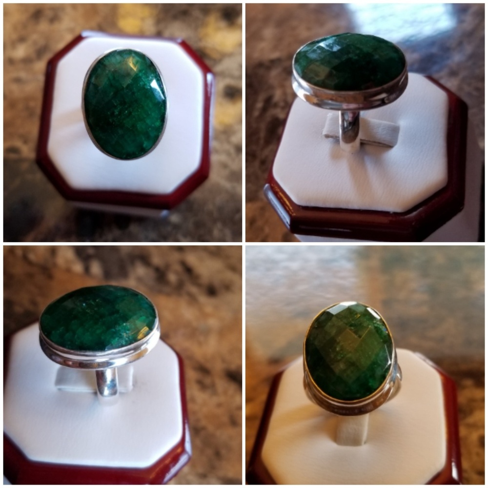 Genuine 19ct Multi-Faceted Zambian Emerald Ring Size 7.5 - Picture 2 of 5